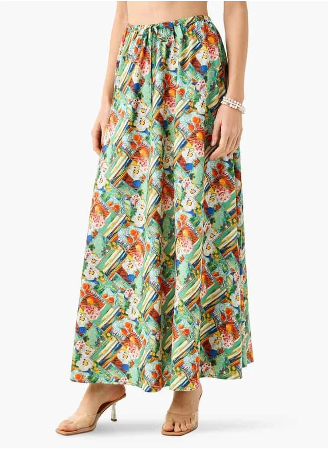 فاف Printed Maxi Skirt with Tie-Up Detail
