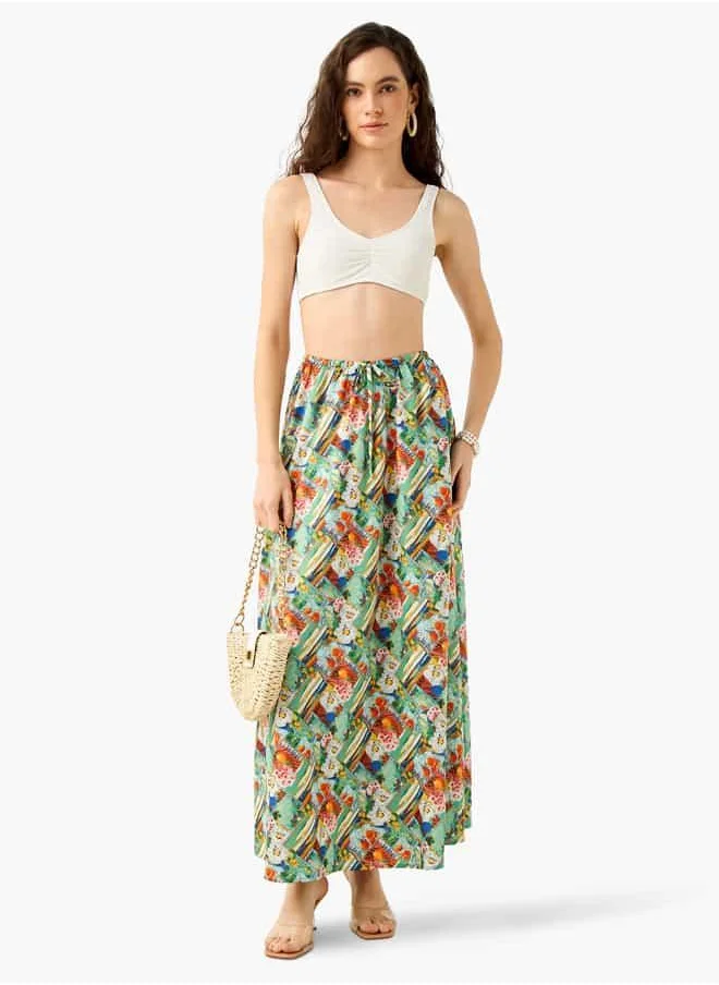 فاف Printed Maxi Skirt with Tie-Up Detail