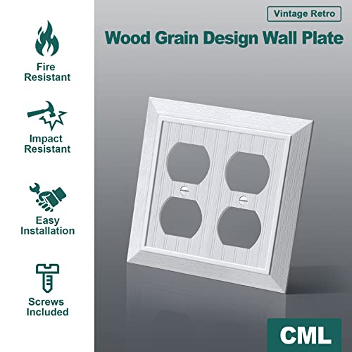 CML Hardware (2 Pack) CML Classic Double Duplex Wall Plate, 2-Gang Vintage Outlet Covers, Retro Wood Grain Design Beadboard Switch Plates, Impact Resistant, Standard Size 4.95”X 4.87”, White - Image 2