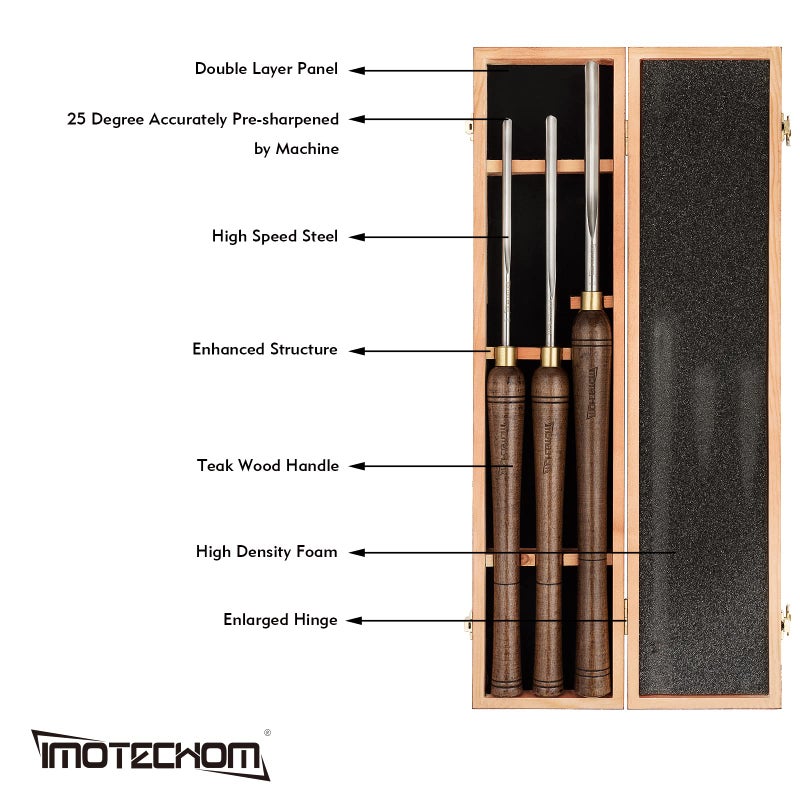 IMOTECHOM 3-Pieces HSS Bowl Gough Lathe Chisel Set Wood Turning Tools with Wooden Box, 1/4-Inches, 3/8-Inches and 1/2-Inches - Image 3