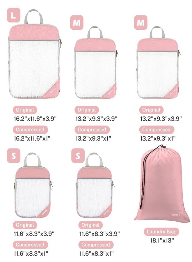 Gonex Compression Packing Cubes Mesh Organizers 1L+2M+2S+Laundry Bag Pink - Image 3