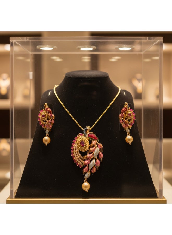 Pretty Precious Elegant American Diamond Pendant Set for Women | Gold Plated CZ Jewellery | Necklace with Matching Earrings-Meenakari - Image 3