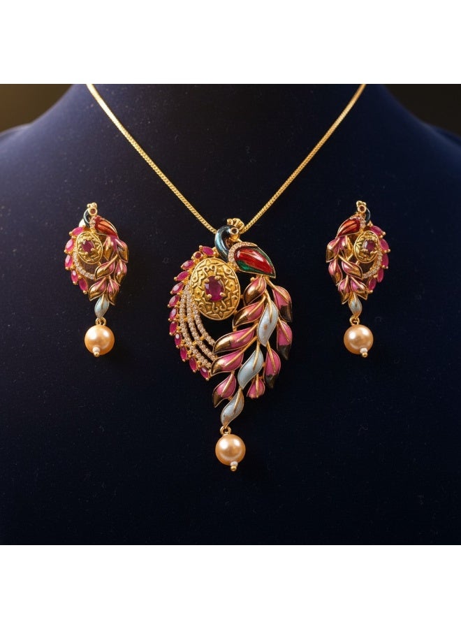 Pretty Precious Elegant American Diamond Pendant Set for Women | Gold Plated CZ Jewellery | Necklace with Matching Earrings-Meenakari - Image 4