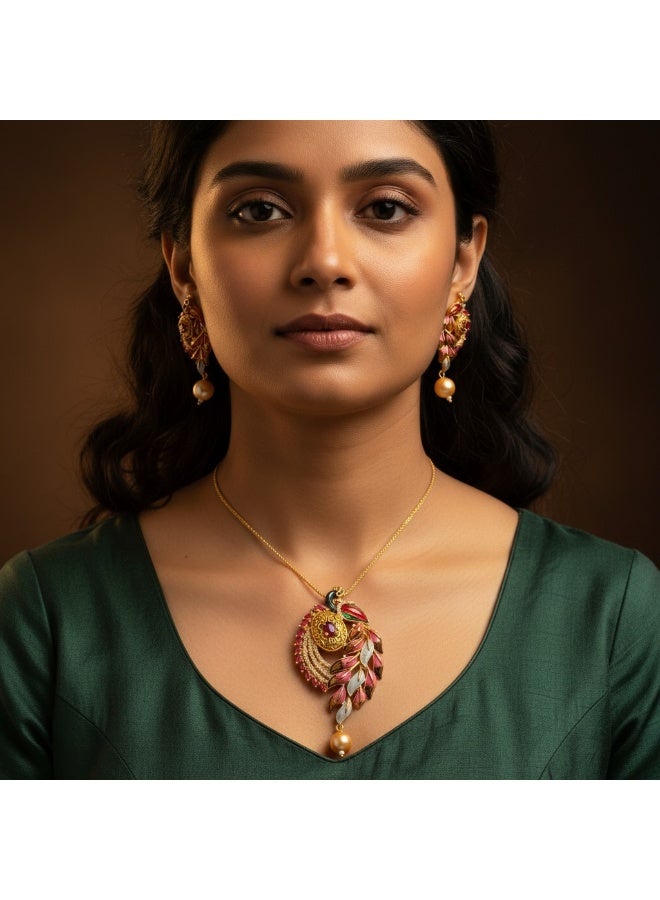Pretty Precious Elegant American Diamond Pendant Set for Women | Gold Plated CZ Jewellery | Necklace with Matching Earrings-Meenakari - Image 1
