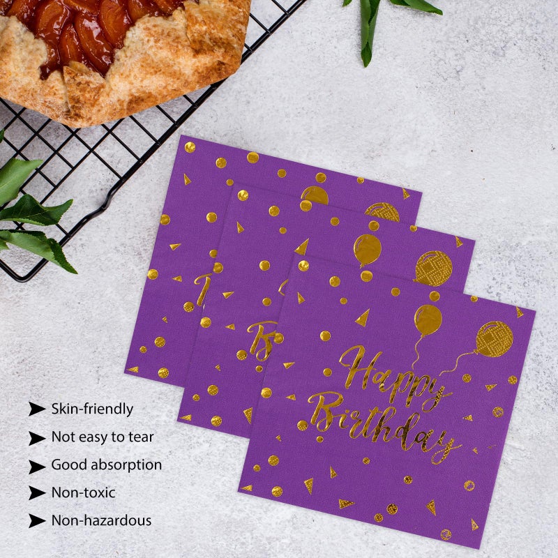 HFBOBP 50Pcs Purple And Gold Happy Birthday Paper Plates And Napkins Party Decorations- 7 Inch Scalloped Dessert Plates And 6.5 Inch Napkins Disposable Tableware Set Birthday Party Supplies   Serves 25 - Image 5
