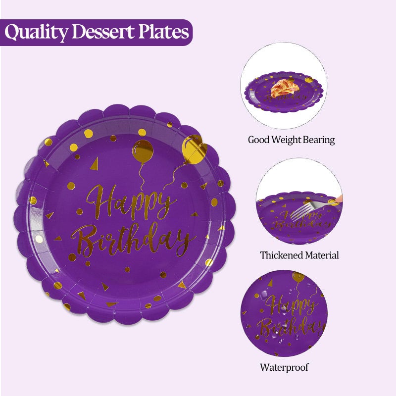 HFBOBP 50Pcs Purple And Gold Happy Birthday Paper Plates And Napkins Party Decorations- 7 Inch Scalloped Dessert Plates And 6.5 Inch Napkins Disposable Tableware Set Birthday Party Supplies   Serves 25 - Image 4