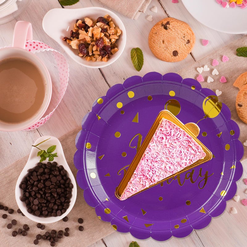 HFBOBP 50Pcs Purple And Gold Happy Birthday Paper Plates And Napkins Party Decorations- 7 Inch Scalloped Dessert Plates And 6.5 Inch Napkins Disposable Tableware Set Birthday Party Supplies   Serves 25 - Image 2