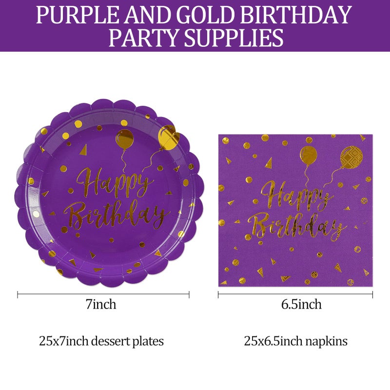 HFBOBP 50Pcs Purple And Gold Happy Birthday Paper Plates And Napkins Party Decorations- 7 Inch Scalloped Dessert Plates And 6.5 Inch Napkins Disposable Tableware Set Birthday Party Supplies   Serves 25 - Image 3