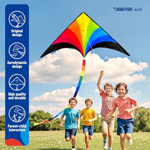 SGftre Complete Kite with Handle, Line & Accessories,Easy to Fly for Kids & Adults, Perfect for Beach, Park, Family Outdoor Activities (The Rainbow Triangular Kite, 1) - Image 2