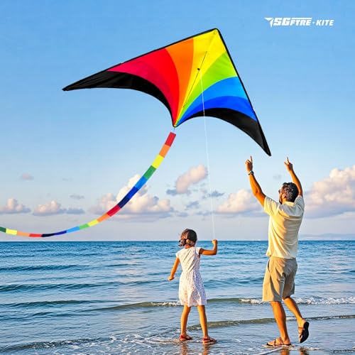 SGftre Complete Kite with Handle, Line & Accessories,Easy to Fly for Kids & Adults, Perfect for Beach, Park, Family Outdoor Activities (The Rainbow Triangular Kite, 1) - Image 4