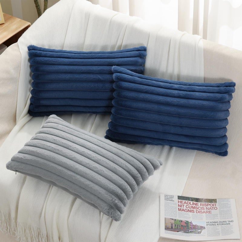 Pallene Faux Fur Plush Lumbar Throw Pillow Covers 12x20 Set of 2, Luxury Soft Fluffy Striped Decorative Pillow Covers for Sofa, Couch, Living Room, Navy Blue - Image 4