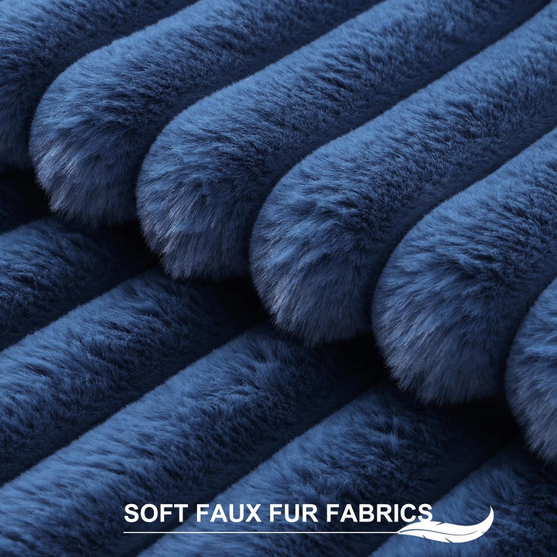 Pallene Faux Fur Plush Lumbar Throw Pillow Covers 12x20 Set of 2, Luxury Soft Fluffy Striped Decorative Pillow Covers for Sofa, Couch, Living Room, Navy Blue - Image 2