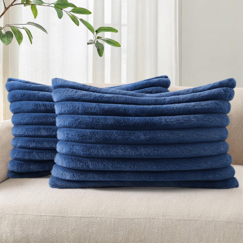 Pallene Faux Fur Plush Lumbar Throw Pillow Covers 12x20 Set of 2, Luxury Soft Fluffy Striped Decorative Pillow Covers for Sofa, Couch, Living Room, Navy Blue - Image 1