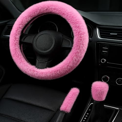 I3DIDEA Fluffy Steering Wheel Cover 3PCS Set Plush Fuzzy Fur Steering Wheel Cover with Gear Shift Cover Handbrake Cover Winter Warm Car Accessories Car Interior Accessories for Women Pink - Image 1