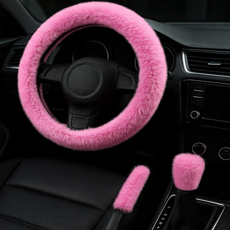 I3DIDEA Fluffy Steering Wheel Cover 3PCS Set Plush Fuzzy Fur Steering Wheel Cover with Gear Shift Cover Handbrake Cover Winter Warm Car Accessories Car Interior Accessories for Women Pink - Image 3