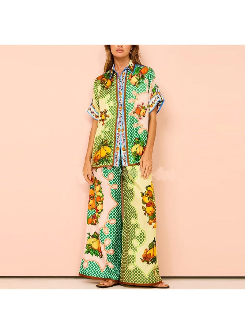 general Women's 2025-2026 Fashion Print Round Neck Loose Batwing Sleeve Waist Cinched Wide Leg Pants Set - Image 1