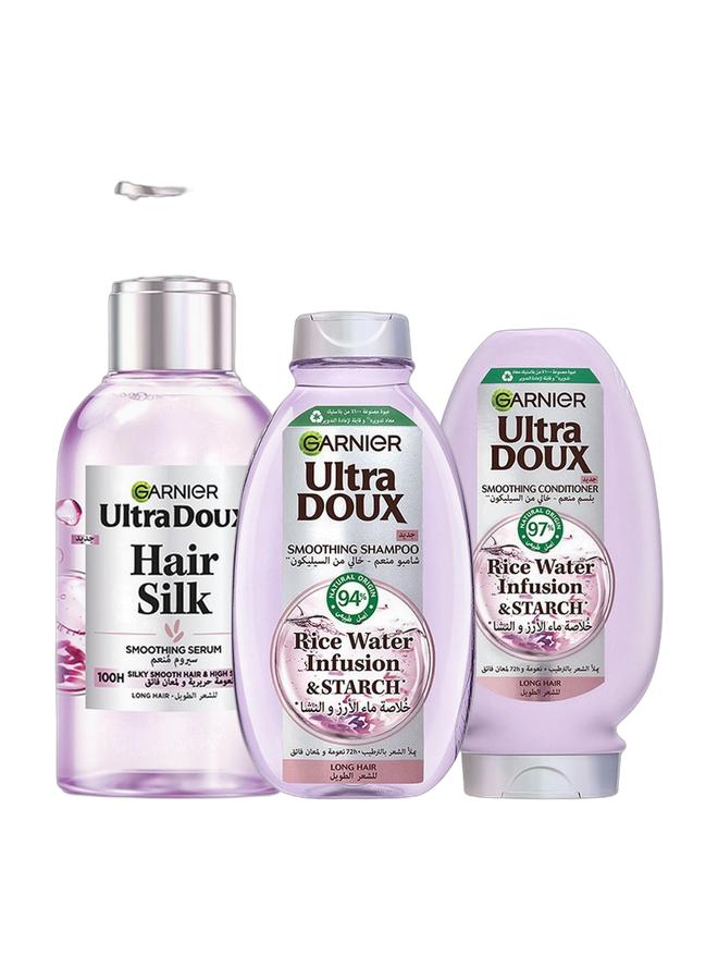 garnier Ultra Doux Rice water Shampoo, 400 ml & Ultra Doux Rice water Conditioner, 360 ml & Ultra Doux Rice Water Silk Drops Smoothing Serum For Long, Dull Hair, 120Ml Bundle - Image 1