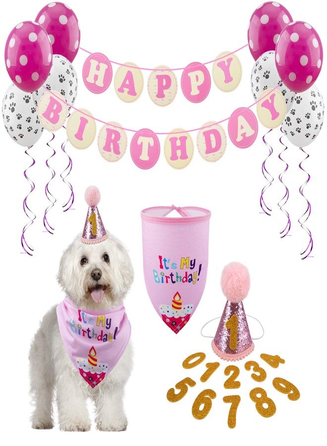 GAGILAND Dog Birthday Party Supplies Bandana Hat Banner Set Dog Boy Girl Cute Bow Tie Scarf Birthday Decorations (Pink with Balloon) - Image 1