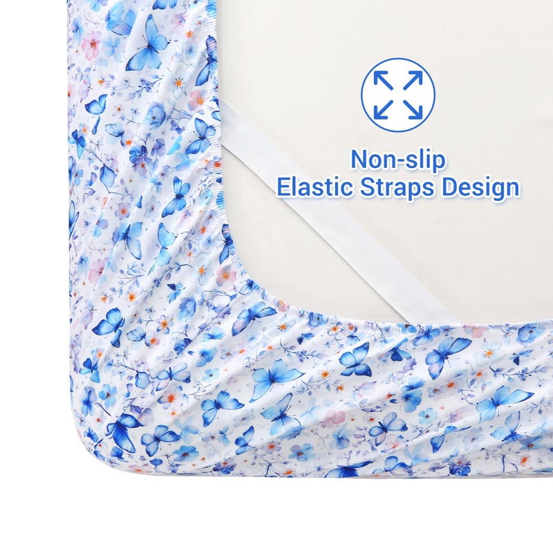 Softan Queen Floral Sheets, Microfiber Blue Flower Printed Fitted Sheets with Non-Slip Corner Straps and 15" Deep Pocket, Butterfly Patterned Cozy Bed Sheets & Pillowcase Sets - Image 2