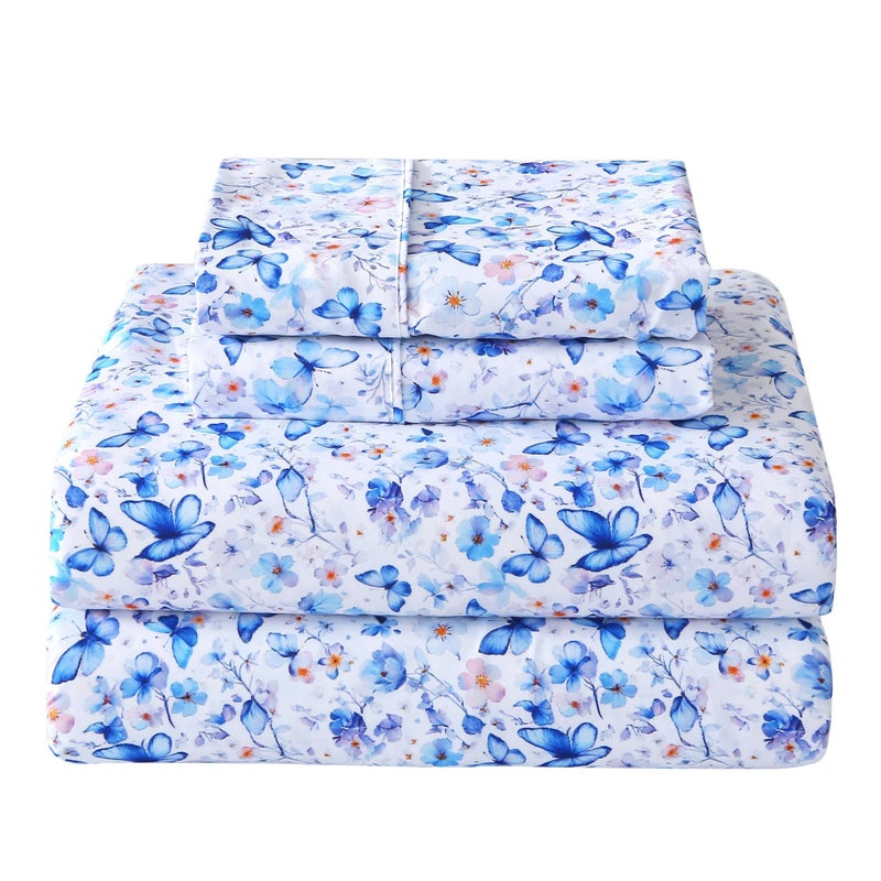 Softan Queen Floral Sheets, Microfiber Blue Flower Printed Fitted Sheets with Non-Slip Corner Straps and 15" Deep Pocket, Butterfly Patterned Cozy Bed Sheets & Pillowcase Sets - Image 1