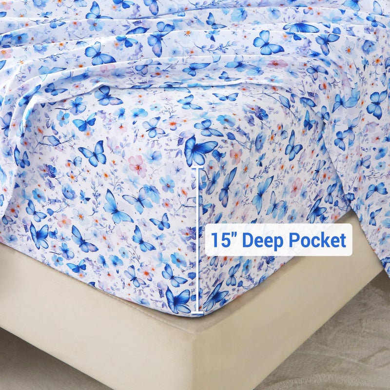 Softan Queen Floral Sheets, Microfiber Blue Flower Printed Fitted Sheets with Non-Slip Corner Straps and 15" Deep Pocket, Butterfly Patterned Cozy Bed Sheets & Pillowcase Sets - Image 4