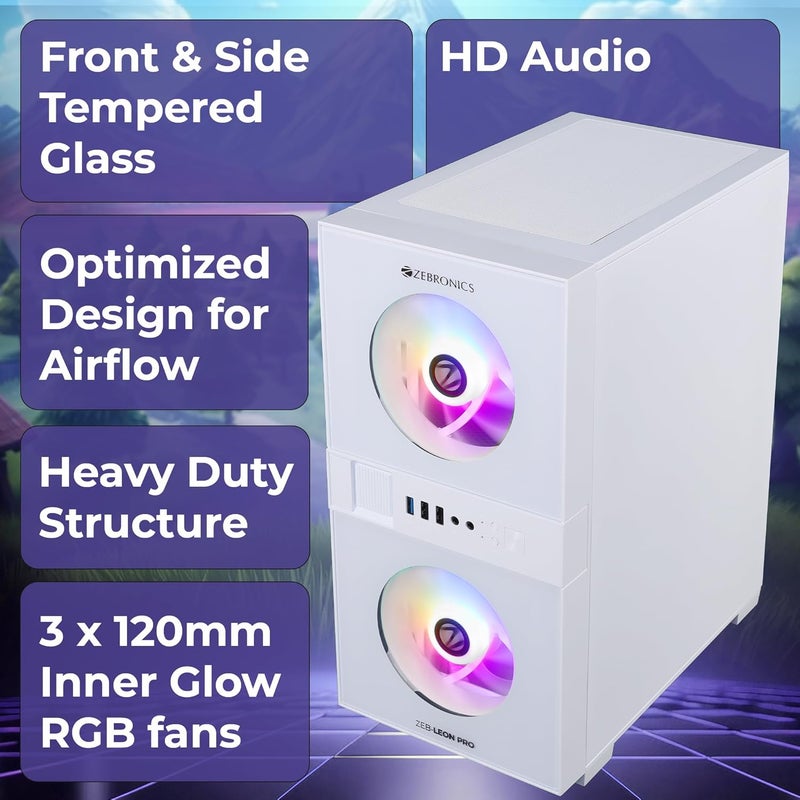 ZEBRONICS خزانة ألعاب ليون برو المتميزة / حالة، ميني تاور، تدعم mATX | ITX، 3 مراوح RGB مثبتة مسبقًا، زجاج مقسى جانبي، USB 3.0، فلتر غبار مغناطيسي (أبيض) - Image 2