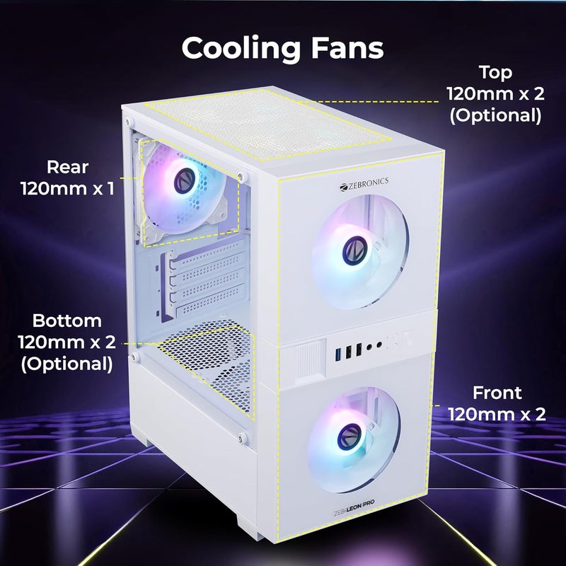 ZEBRONICS خزانة ألعاب ليون برو المتميزة / حالة، ميني تاور، تدعم mATX | ITX، 3 مراوح RGB مثبتة مسبقًا، زجاج مقسى جانبي، USB 3.0، فلتر غبار مغناطيسي (أبيض) - Image 4
