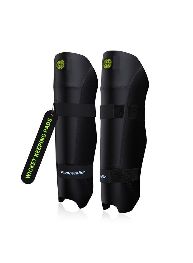 moonwalkr Cricket Keeping Shin Guards Wicket Keeper Pads Protective Gear for Keeper's Height (5'4" - 6'6") Cricket Wicket Keeping Pads Super Slim Gear Comes with a 3-inch Strap (Black, Adult) - Image 1