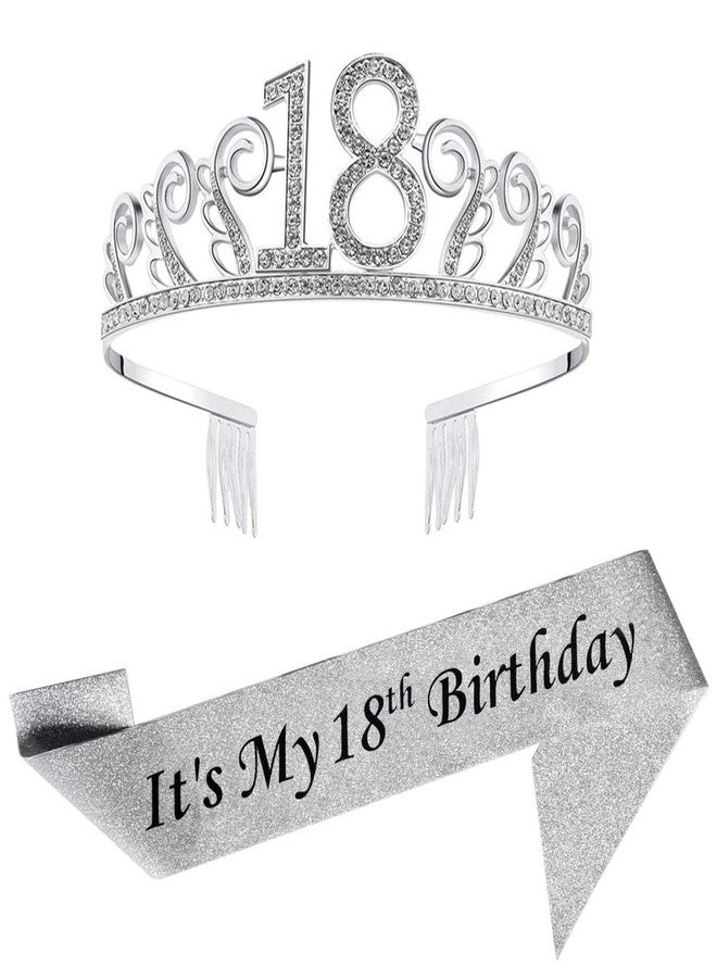 Mayin 18th Silver Birthday Tiara and Sash Glitter Satin Sash and Crystal Rhinestone Tiara Crown for Happy 18th Birthday Party Supplies Favors Decorations 18th Birthday Party Accessories - Image 1
