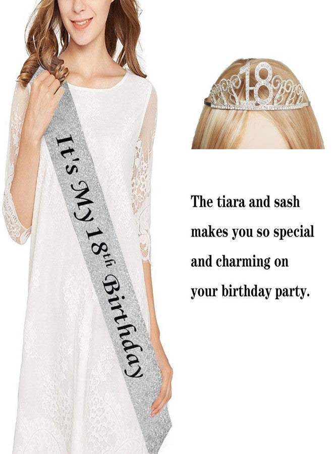 Mayin 18th Silver Birthday Tiara and Sash Glitter Satin Sash and Crystal Rhinestone Tiara Crown for Happy 18th Birthday Party Supplies Favors Decorations 18th Birthday Party Accessories - Image 3