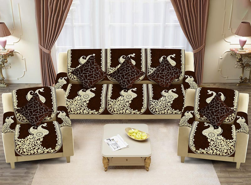 Dazzling DECOR Velvet Sofa Cover with Arm Cover and Cushion Covers Set of 5 Seater - Sofa Covers 3 Seater and 2 Seater Full Cover Set for Couch Seat - Heavy Fabric Sofa Slip Protector, 2923_Brown - Image 1