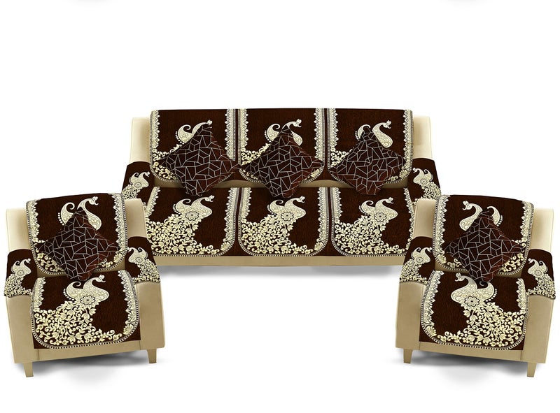 Dazzling DECOR Velvet Sofa Cover with Arm Cover and Cushion Covers Set of 5 Seater - Sofa Covers 3 Seater and 2 Seater Full Cover Set for Couch Seat - Heavy Fabric Sofa Slip Protector, 2923_Brown - Image 2