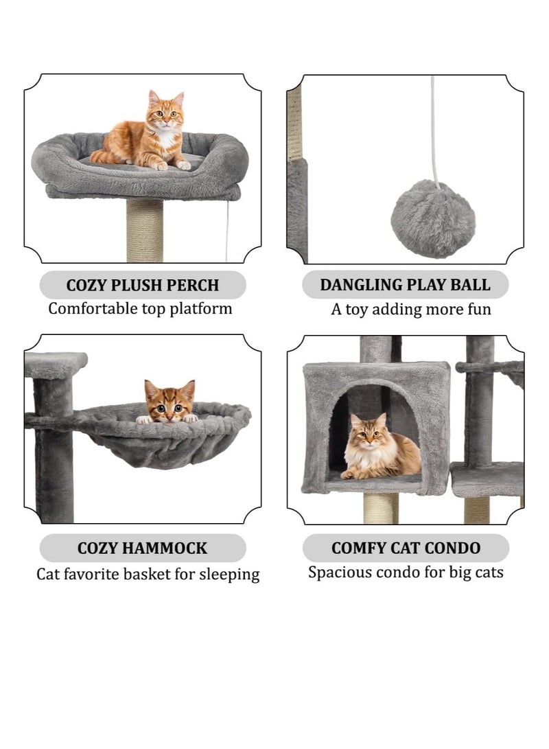 NNC PETS Durable cat tree with Cozy hammock, Spacious Condo, Soft padded perch, and Sisal scratching post, Cat playground for indoor kittens and cats, Fun dangling ball and Easy assembly, 110 cm (Grey) - Image 3