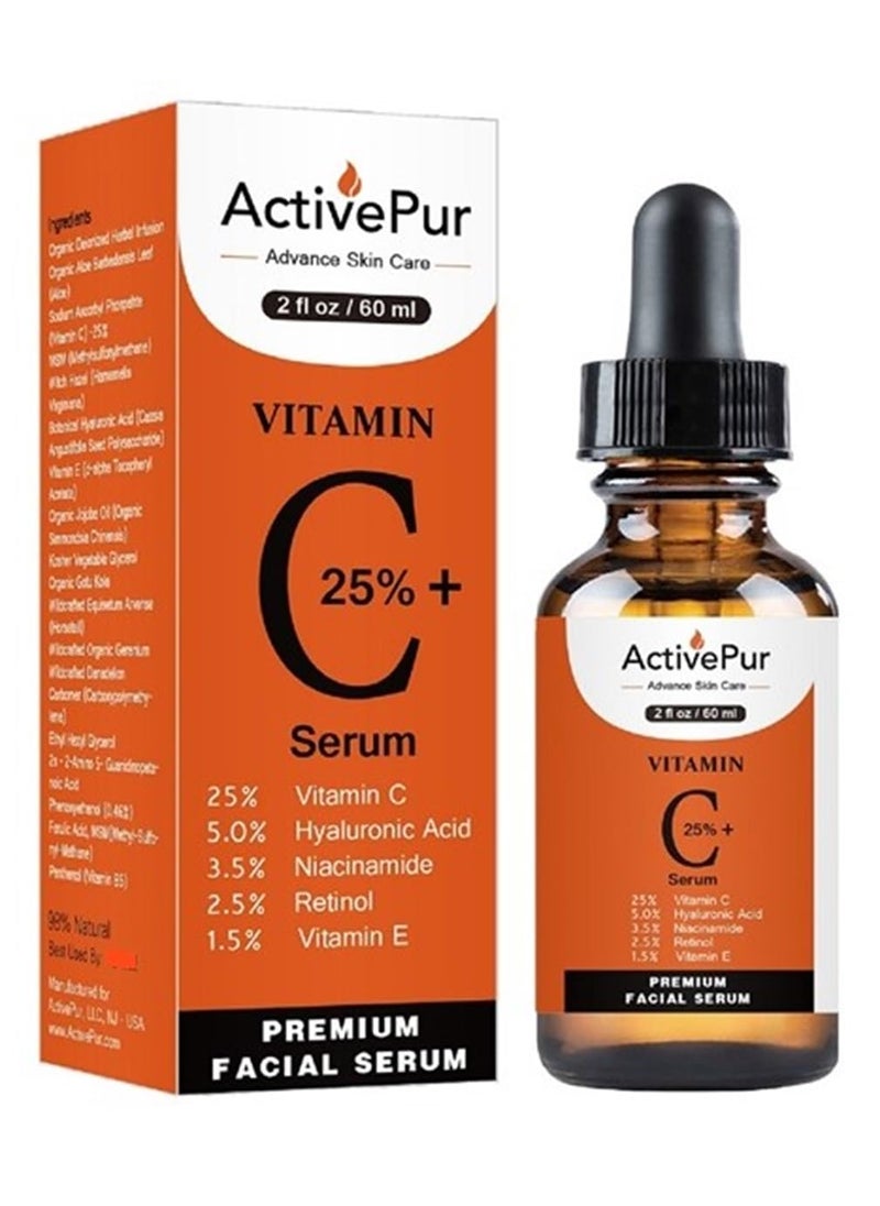 ActivePur ActivePur 25% Best Vitamin C Serum for Face (2 Oz/60 ml) Vitamin E+B5 Hyaluronic Acid Serum Face Retinol Ferulic Acid Niacinamide Collagen Anti Aging Age Spots Eye circles Vitamin C face Serum 