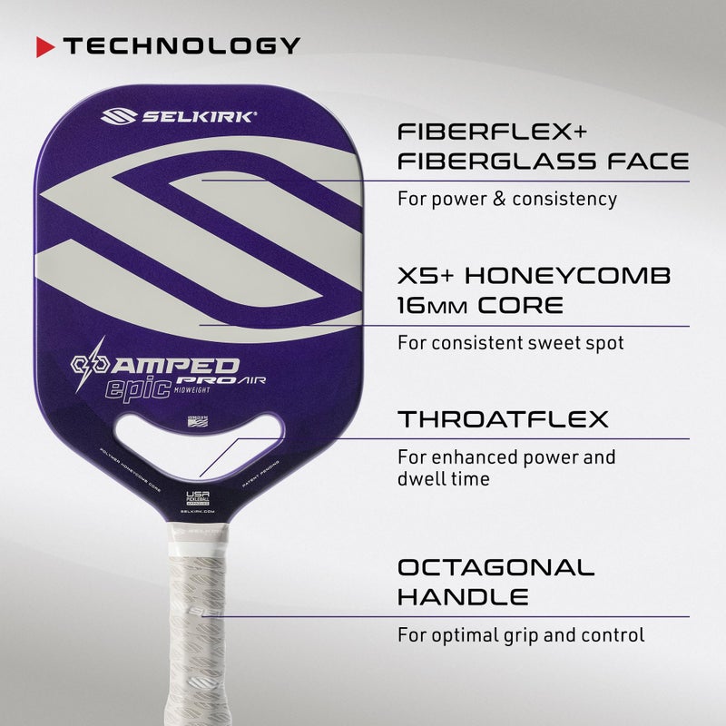 Selkirk Sport Amped Pro Air 2025 Pickleball Paddle | Fiberglass Pickleball Paddles with a Polypropylene X5+ 16mm Core | Throatflex | Flex Foam | Pickleball Rackets Made in The USA | Epic Purple - Image 3