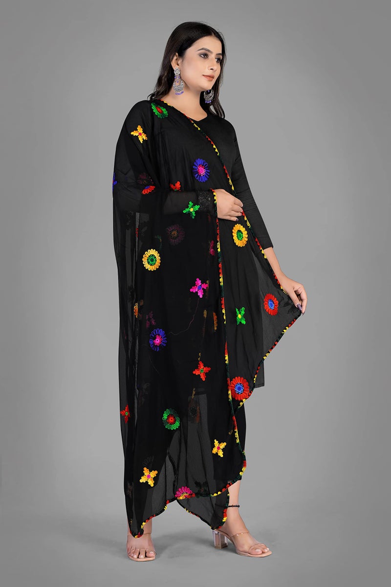 KEMZA Women's Embroidered Phulkari Chiffon Dupatta | Jaipuri Gota Patti Dupatta For Festivals, Weddings, Party (Black_Free size) - Image 3