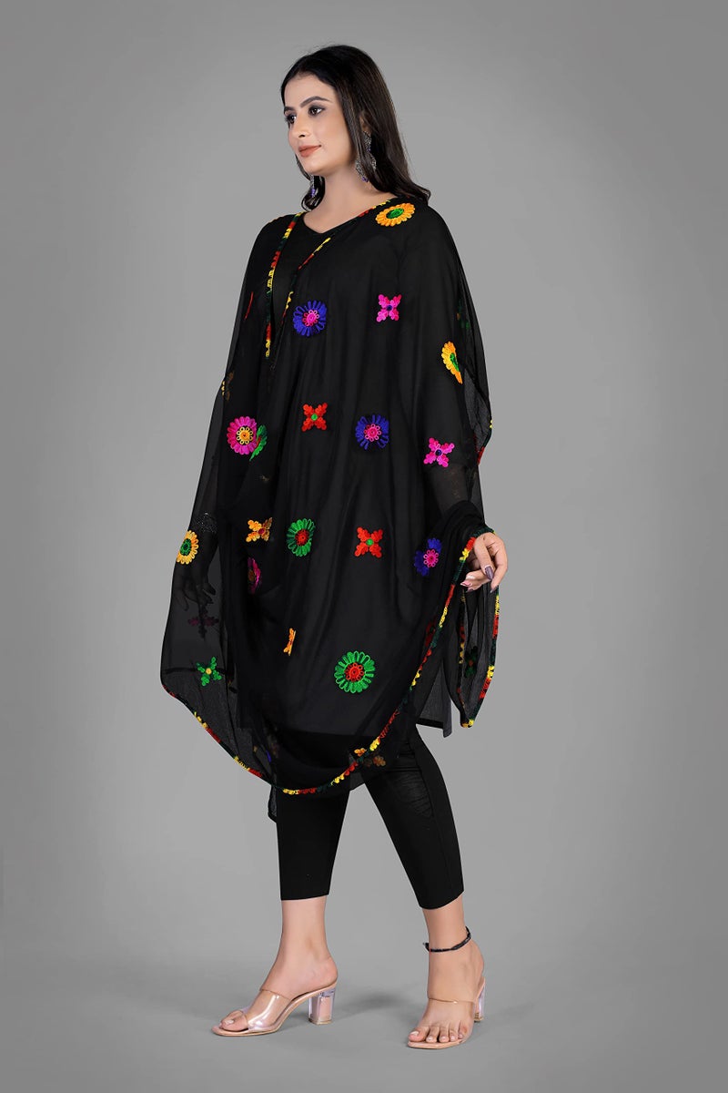 KEMZA Women's Embroidered Phulkari Chiffon Dupatta | Jaipuri Gota Patti Dupatta For Festivals, Weddings, Party (Black_Free size) - Image 2