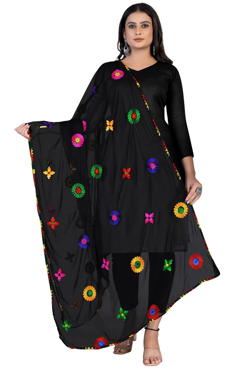 KEMZA Women's Embroidered Phulkari Chiffon Dupatta | Jaipuri Gota Patti Dupatta For Festivals, Weddings, Party (Black_Free size) - Image 1
