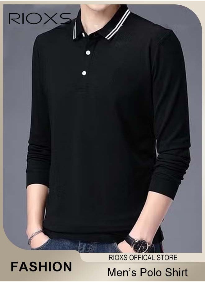RIOXS - Men's Slim-fit Polo Shirt, Basic Long Sleeve T-Shirt, Comfy Breathable Shirt, Classic 3-Button Closure Tops, Reliable Option for Any Man Seeking Comfort without Compromising on Style - Image 1