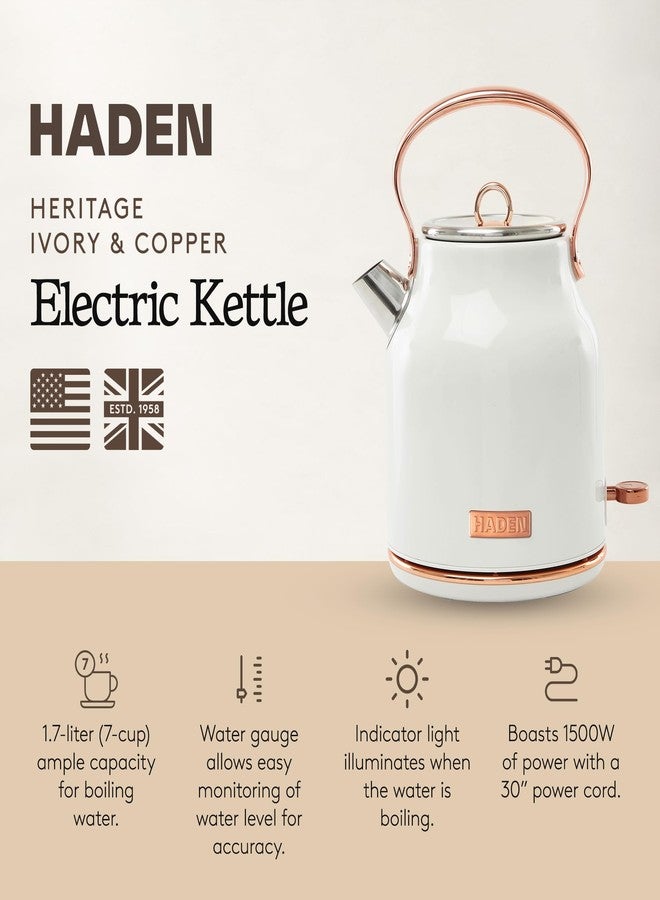 Haden Heritage 1.7 Liter Stainless Steel Electric Kettle, Hot Water Kettle with 360-Degree Base and Auto Shutoff, Ivory & Copper - Image 2