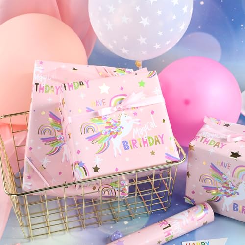 LeZakaa Pink Unicorn Birthday Wrapping Paper Roll for Girls Women Have a Magical Birthday Rainbow Stars Gold Foil Design for Baby Girl Baby Shower Mini Roll 17 inches x 164 Feet - Image 3