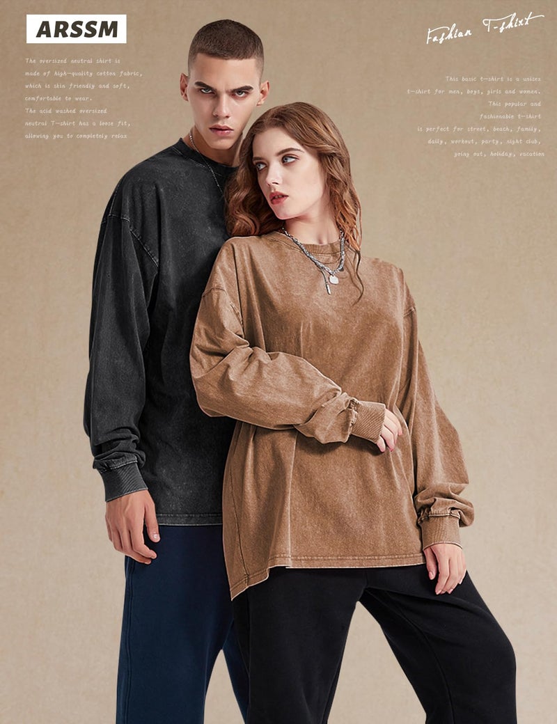 Arssm Oversized T-Shirts for Women Cotton Long Sleeve Vintage Acid Wash Baggy T Shirts(BlackKhakiArmy-M) - Image 2