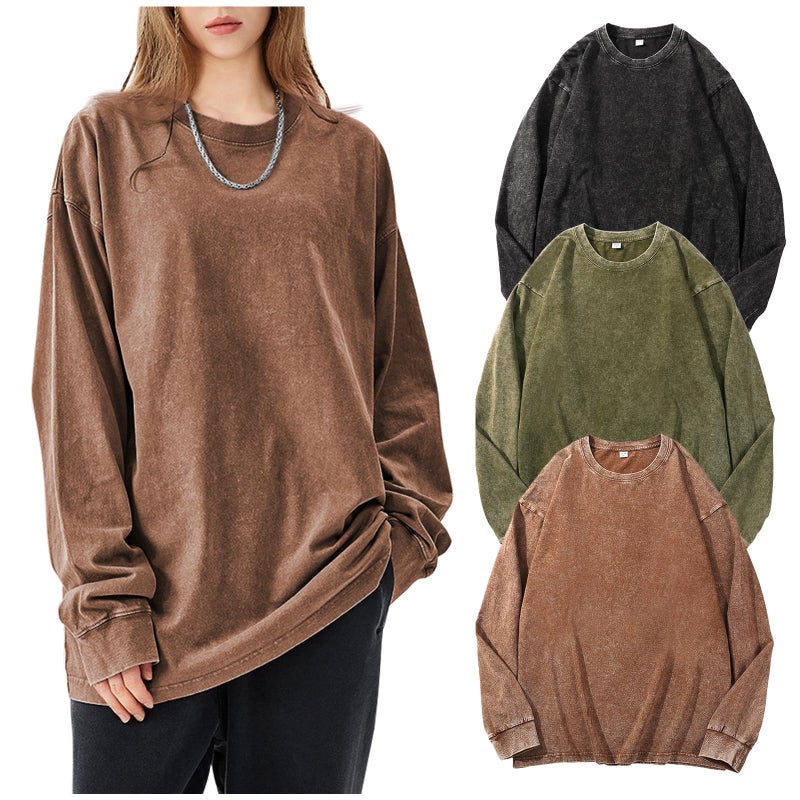Arssm Oversized T-Shirts for Women Cotton Long Sleeve Vintage Acid Wash Baggy T Shirts(BlackKhakiArmy-M) - Image 1