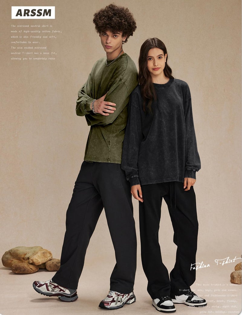 Arssm Oversized T-Shirts for Women Cotton Long Sleeve Vintage Acid Wash Baggy T Shirts(BlackKhakiArmy-M) - Image 3