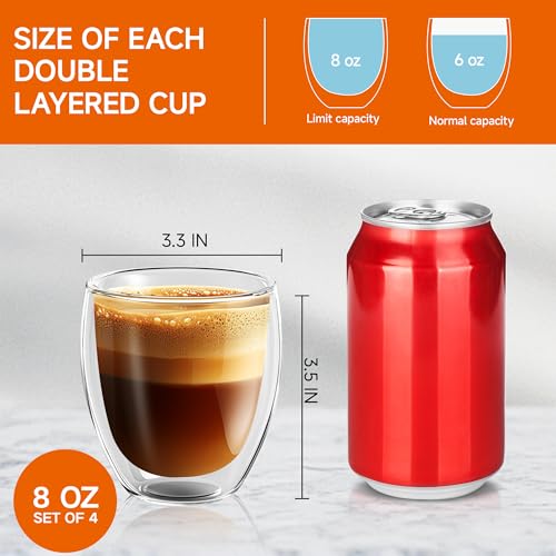 TECOHORS 8 Ounces Set of 4 Double Walled Glass Coffee Mugs Insulated Layer Coffee Cups Borosilicate Glass Espresso Double Insulated Clear Glass Coffee Mug for Hot Beverages - Image 4