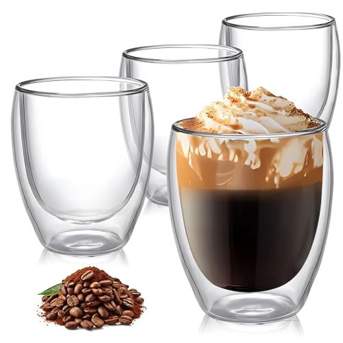TECOHORS 8 Ounces Set of 4 Double Walled Glass Coffee Mugs Insulated Layer Coffee Cups Borosilicate Glass Espresso Double Insulated Clear Glass Coffee Mug for Hot Beverages - Image 1