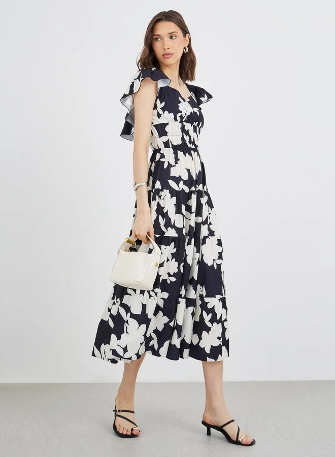 Take Two Take Two Floral Print Ruffle Sleeves A-Line Midi Dress