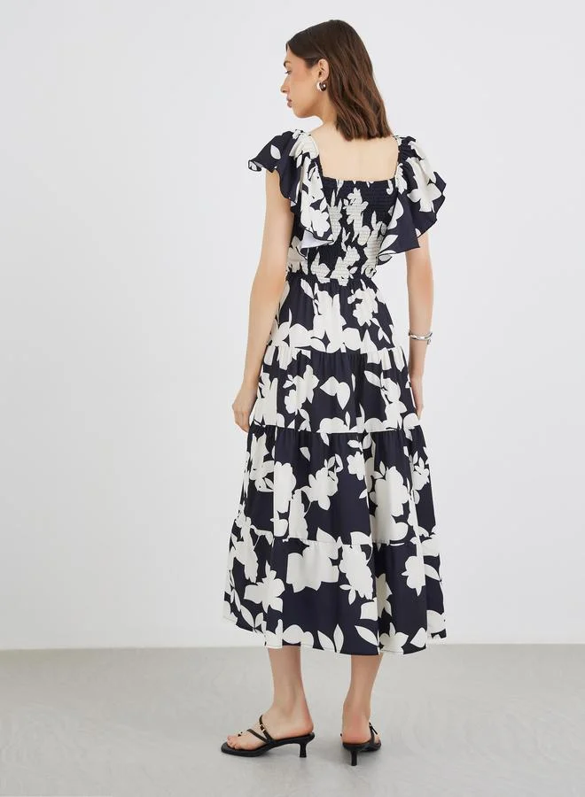 Take Two Take Two Floral Print Ruffle Sleeves A-Line Midi Dress