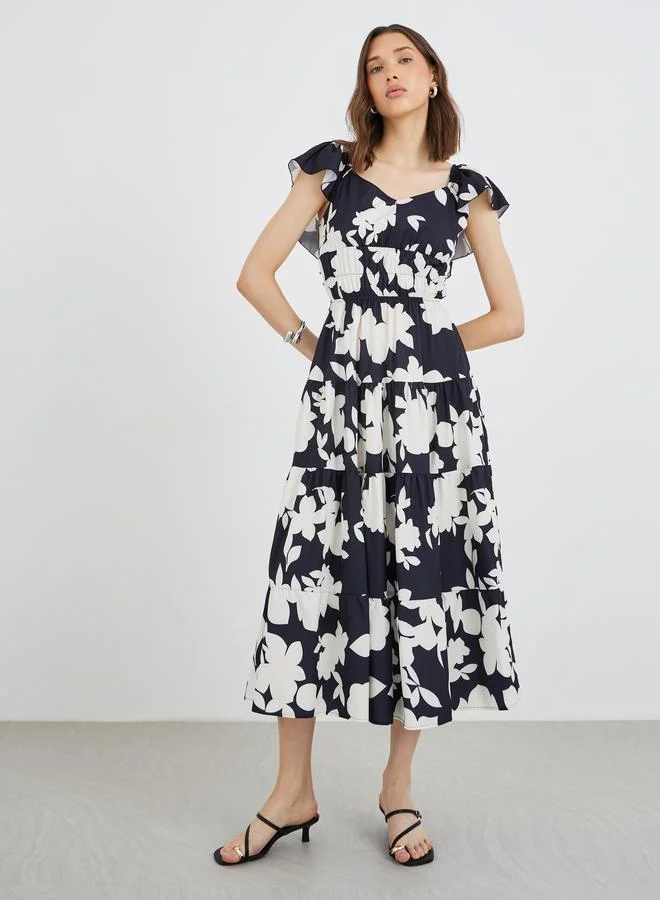 Take Two Take Two Floral Print Ruffle Sleeves A-Line Midi Dress