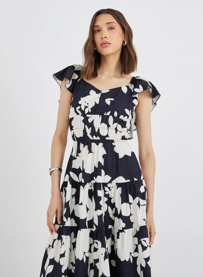 Take Two Take Two Floral Print Ruffle Sleeves A-Line Midi Dress